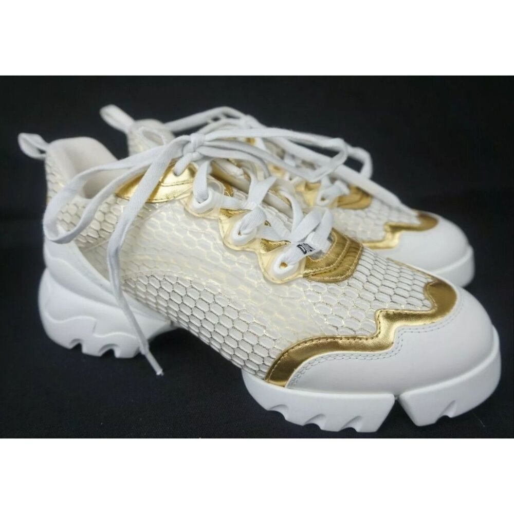 Dior D-Connect Sneakers Gold White Mesh Technical Fabric Women's Size 36.5